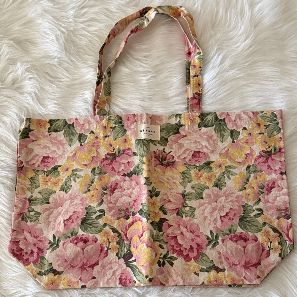Sezane Pink and Yellow Floral Tote Bag